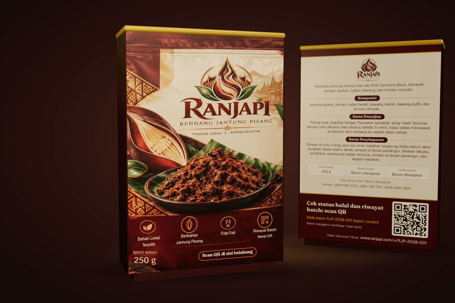 Render model 3D kemasan RANJAPI Rendang Jantung Pisang, sisi depan dan belakang